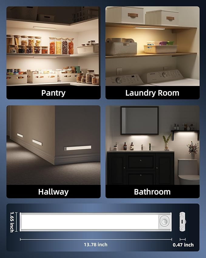 6-Pack Under Cabinet Lighting Wireless, LED Motion Sensor Light Indoor, Rechargeable Closet Lights Battery Operated, Dimmable & 3 Color Temps, Under Counter Lights for Kitchen, Stairs(14inch)