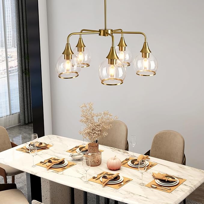Island Light for Kitchen, 5-Light Gold Kitchen Island Linear Hanging Light Chandeliers Dining Room Light Fixture Over Table with Clear Round Glass Shades