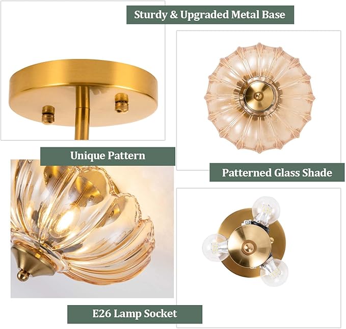 Vintage Ceiling Light,Semi Flush Mount Ceiling Light 9.8 Inch Hallway Vintage Lights Fixture Ceiling E26 Small Amber Glass Ceiling Lighting for Living Room, Bedroom, Dining Room