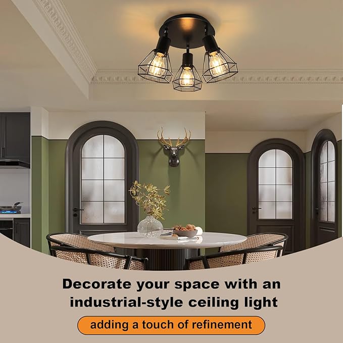 LTBLIGHT 3-Light Track Lighting Fixtures, Rotatable Ceiling Light Kit, Black Metal Wire Cage Lighting Fixtures with Round Plate Spotlights for Kitchen, Bedroom, Hallway, E26 Base, Bulbs Not Included