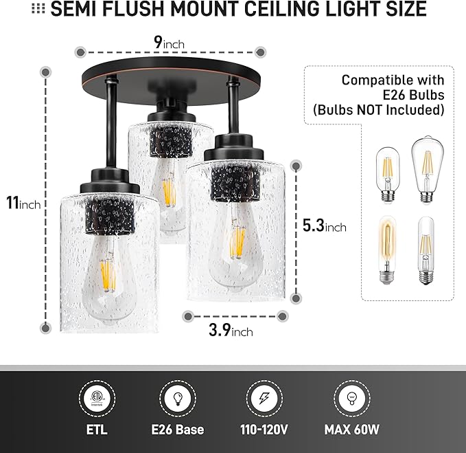 hykolity 3-Light Semi Flush Mount Ceiling Light, 9 Inch Oil Rubbed Bronze Close to Ceiling Light Fixtures with Seeded Glass Shades, Modern Ceiling Lighting for Kitchen, Bedroom, Entryway, ETL Listed