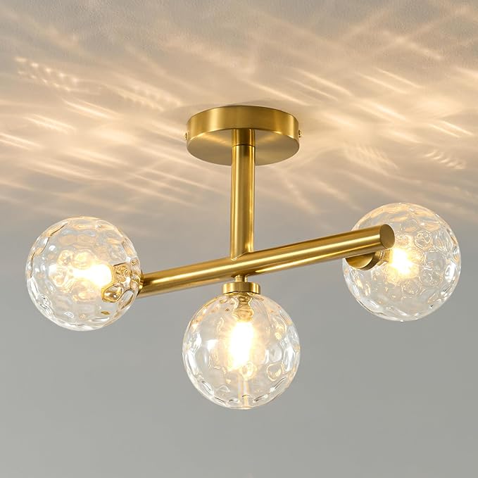 Modern Globe Glass Ceiling Light: 13 Inch Sputnik Semi Flush Mount Light with Hammered Clear Glass Shade - 3 Lights Gold Ceiling Lighting Fixture - Dimmable Linear Chandelier for Bedroom Living Room