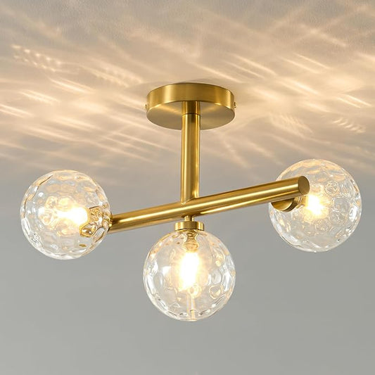 Modern Globe Glass Ceiling Light: 13 Inch Sputnik Semi Flush Mount Light with Hammered Clear Glass Shade - 3 Lights Gold Ceiling Lighting Fixture - Dimmable Linear Chandelier for Bedroom Living Room