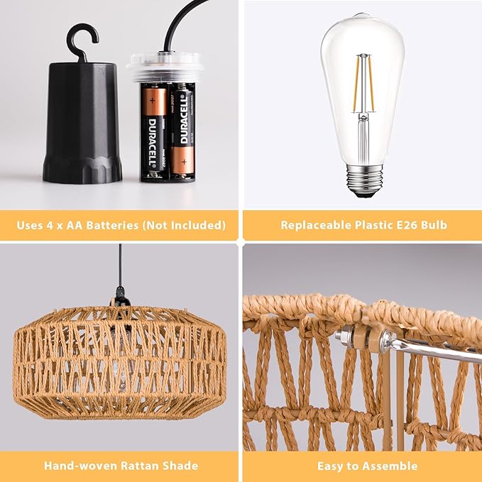 13" Battery Operated Outdoor Chandelier, Battery Power Hanging Pendant Lights, Woven Rattan Gazebo Light Outdoor Waterproof, for Gazebo, Pergola, Porch, Indoor Outdoor Decor Lighting