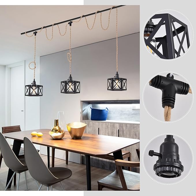 3 Light Plug in Pendant Light Rattan Hanging Lights with Switch 22FT Industrial Ceiling Light,Plug in Cord with Woven Hemp Rope Lamp Shade, Hanging Lamp Cord Farmhouse Cable DIY
