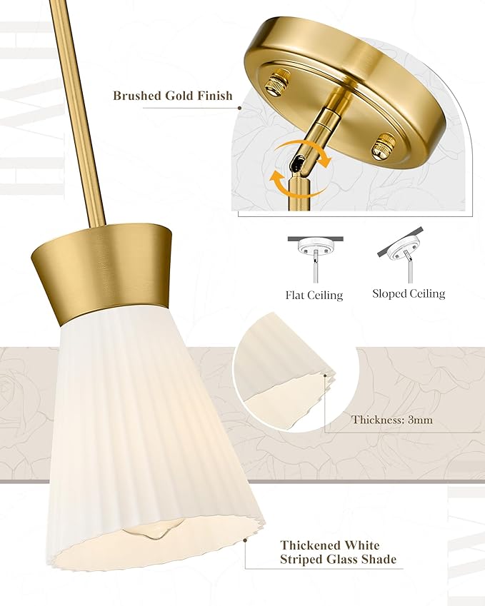 Gold Pendant Light, HWH Hanging Light Fixture for Kitchen Island, Bedroom, Modern Pendant Light with Milk White Striped Glass, Gold Finish, 5HZG107MIL BG