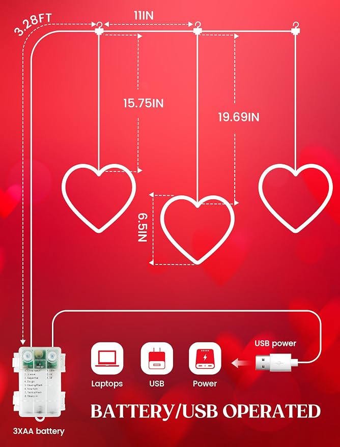 woohaha Valentine's Day Window Lights,3 30LED Heart Curtain String Lights USB/Battery Operated,Hanging Light for Indoor Outdoor Bedroom,Room,Wall,Party,Holiday,Wedding Decorations(Red)