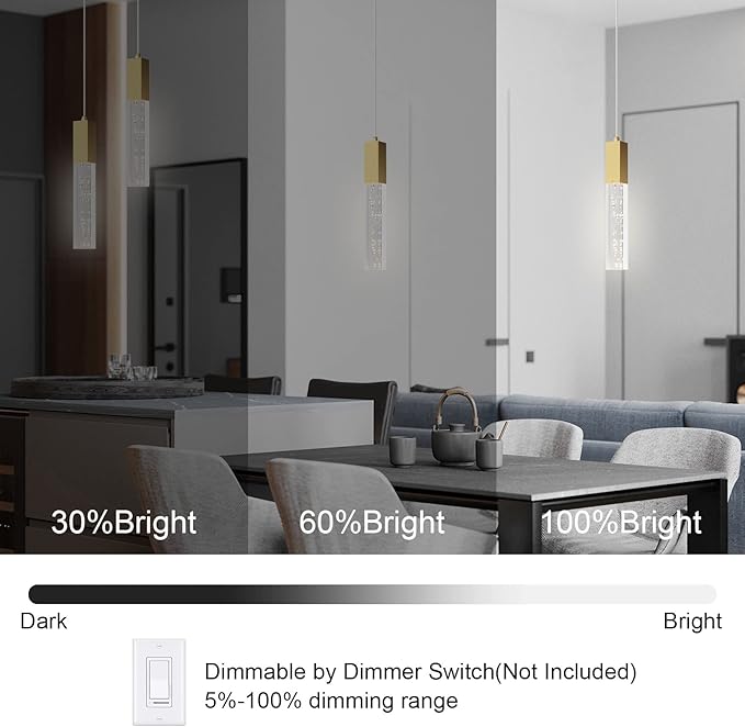 Brass Pendant Lights Kitchen Light Fixture Dimmable Integrated LED Modern Pendant for Kitchen Island Mini Crystal Pendant Light for Bathroom Bedroom 3000K Warm Light(2-Pack)