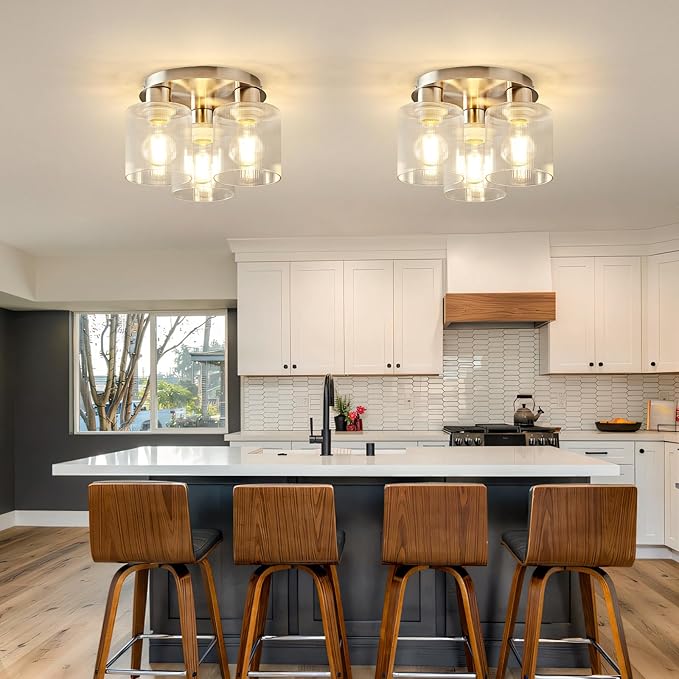 OKELI 3-Lights Semi Flush Mount Ceiling Light Fixture, Brushed Nickel Modern Close to Ceiling Light for Kitchen, Foyer, Entryway, Hallway, Dining Room, Clear Glass Shade