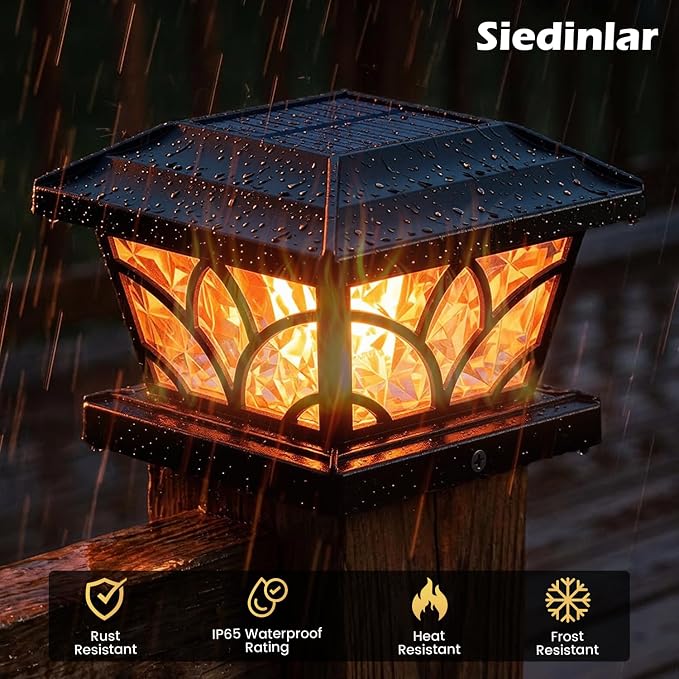 SIEDiNLAR Flickering Flame Solar Post Cap Lights 4 Modes 6 Pack, Upgrade Model for 4x4 5x5 6x6 Wood & Vinyl Posts, Waterproof Outdoor Fence Deck Patio Decor, Warm White/Blue Light (Black)