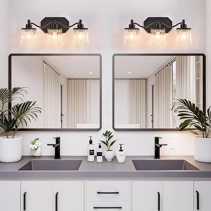 Bathroom Vanity Light Fixtures, 4-Light Vintage Matte Black Vanity Lights with Crystal Glass Shades, Farmhouse Bathroom Lighting Fixtures Over Mirror for Bathroom Bedroom Hallway