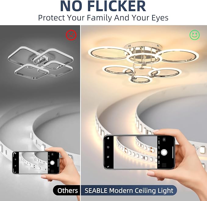 7-Ring Modern LED Flush Mount Ceiling Light - 31.8" Dimmable Close-to-Ceiling Fixture with Remote Control, 130W 3000K-6500K Adjustable Color Temperature for Bedroom, Living Room (Chrome)