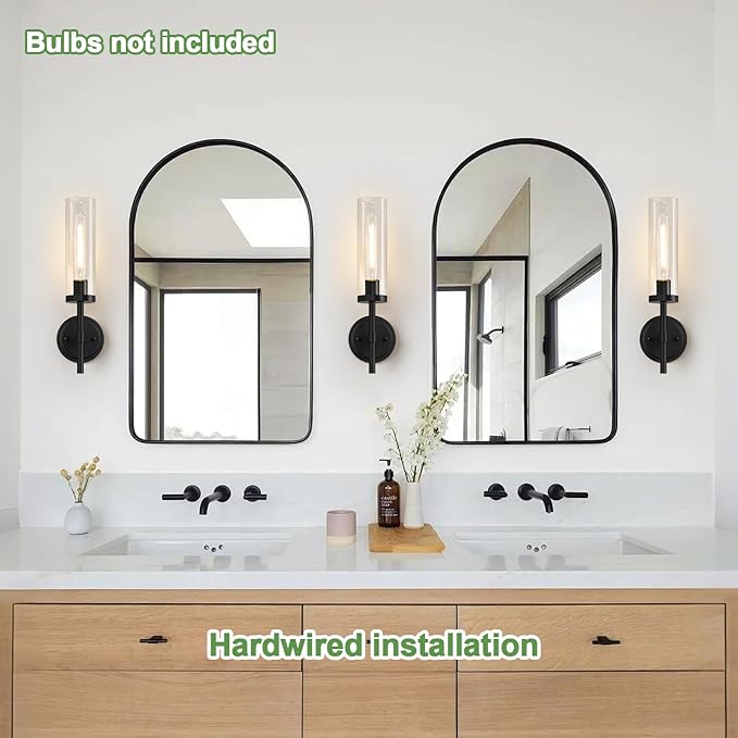 MOKATNG Wall Sconces Set of Two, Matte Black Bathroom Sconces with Clear Glass, Hardwired Sconces Wall Decor Set of 2, Modern Wall Light Fixtures for Bathroom Mirror Living Room Bedroom Hallway