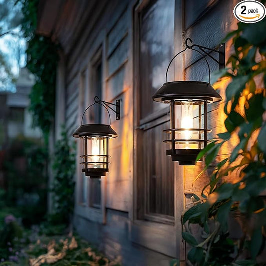Otdair Solar Lanterns Outdoor Waterproof 2 Pack, Auto On/Off Hanging Solar Lights for Outside with Wall Mount, Outdoor Lighting Outdoor Decorative for Wall, Front Porch, Yard, Garden, Fence