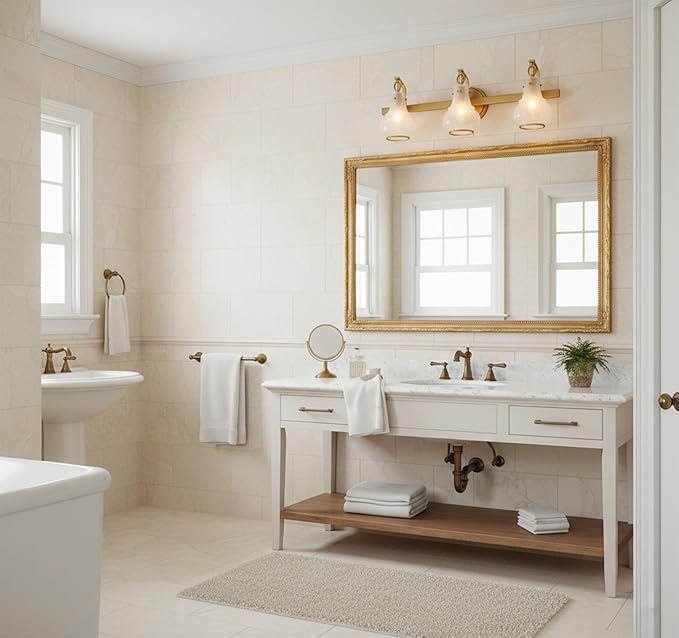 Savoy House 8-4417-3-322 Adams Modern Vintage Traditional White Strie Glass Bathroom Vanity Wall Light, 3-Light 180 Total Watts, 9" H x 24" W, Warm Brass