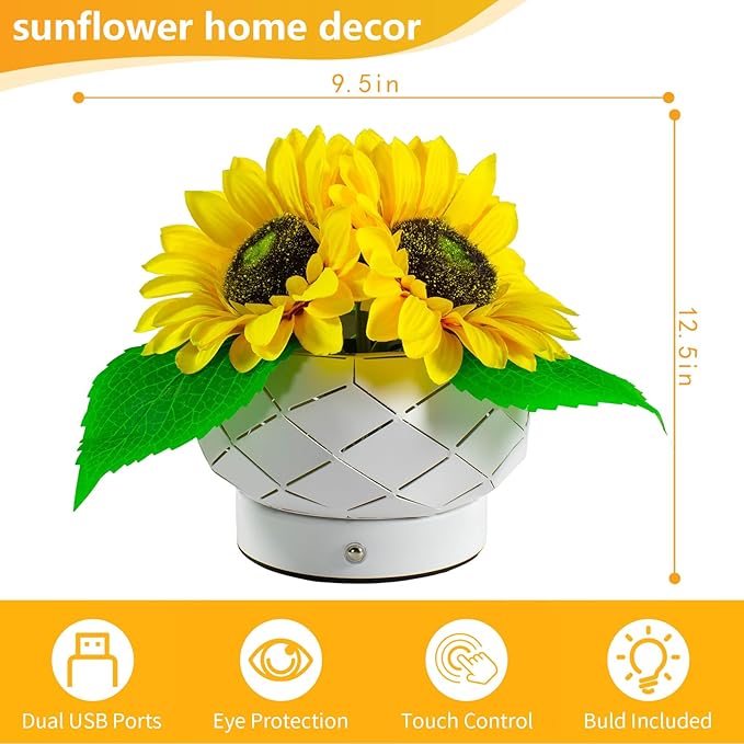 Cordless Sunflowers Table Lamp, Dimmable LED Touch Beside Lamp with Rechargeable Battery Operated, Small Night Light Lamps for Room Home Decor, Birthday Gift for Women Mom