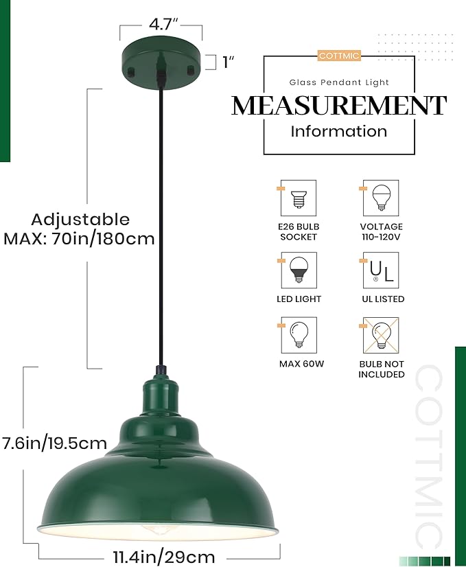 Green Pendant Light, Modern Pendant Light, 11.4in Farmhouse Pendant Lights Kitchen Island 2 Pack, Adjustable Height, Industrial Pendnat Lighting for Dining Room, Living Room, Hallway