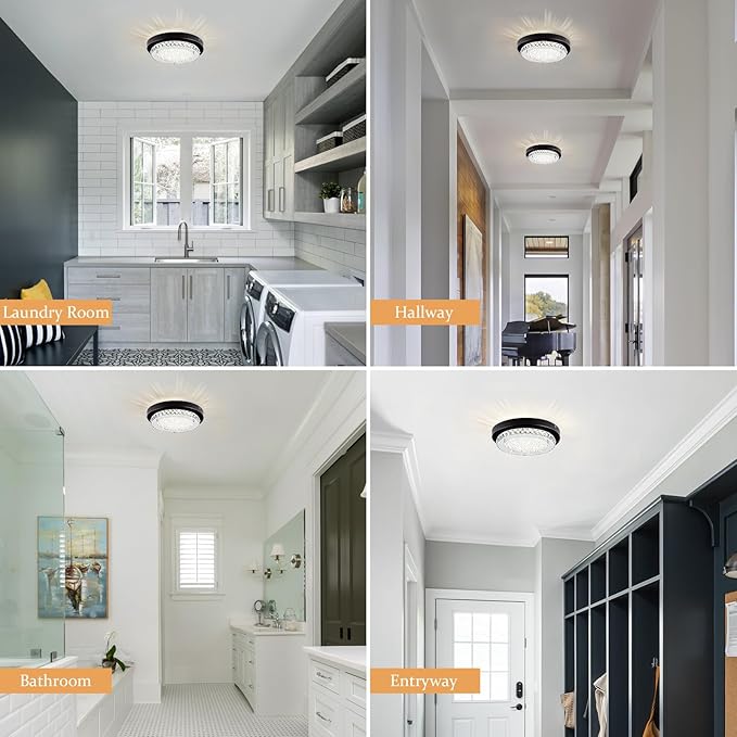 Crystal Flush Mount Ceiling Light Small LED Ceiling Light 10 Inch Round Hallway Lighting Black Modern Bathroom Light Fixtures for Entryway Laundry Room Foyer Mini Closet Ceiling Light