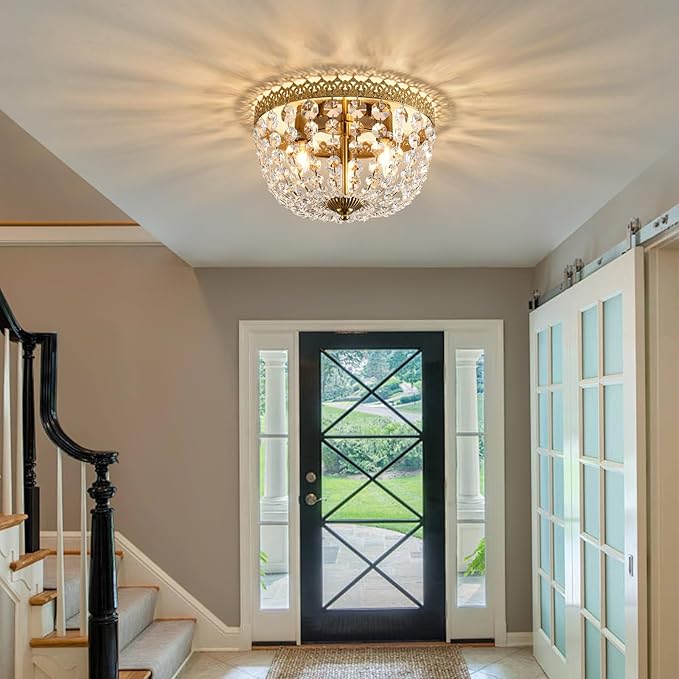 Crystal Flush Mount Ceiling Light Fixture 3 Lights French Empire Chandeliers Lighting for Dining Living Room Foyer Kitchen Bedroom Hallway Entryway,Brushed Brass Finish,W12.6 inch X H8.27inch