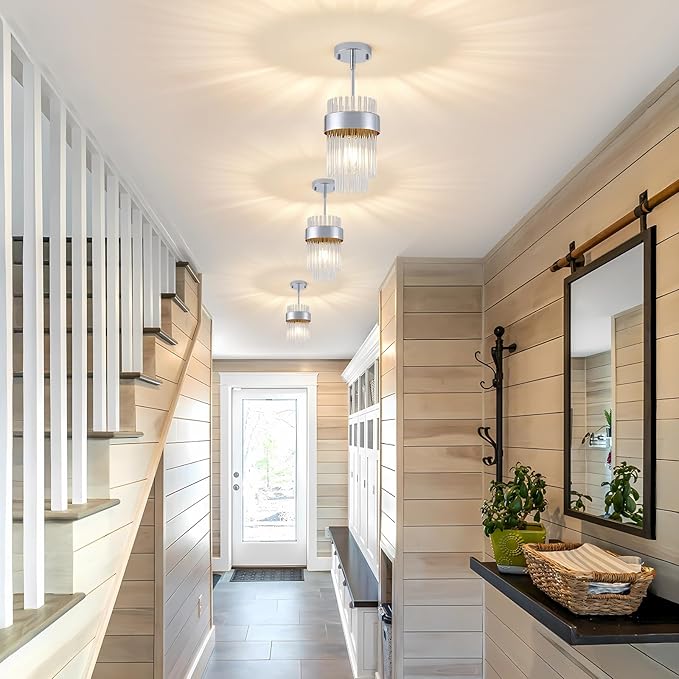 Dijiahua Chrome Pendant Lights Kitchen Island 3 Pack, Modern Hanging Kitchen Pendant Lighting Over Sink with Crystal Glass,Small Chandeliers Fixtures Adjustable Cord Hanging Lighting