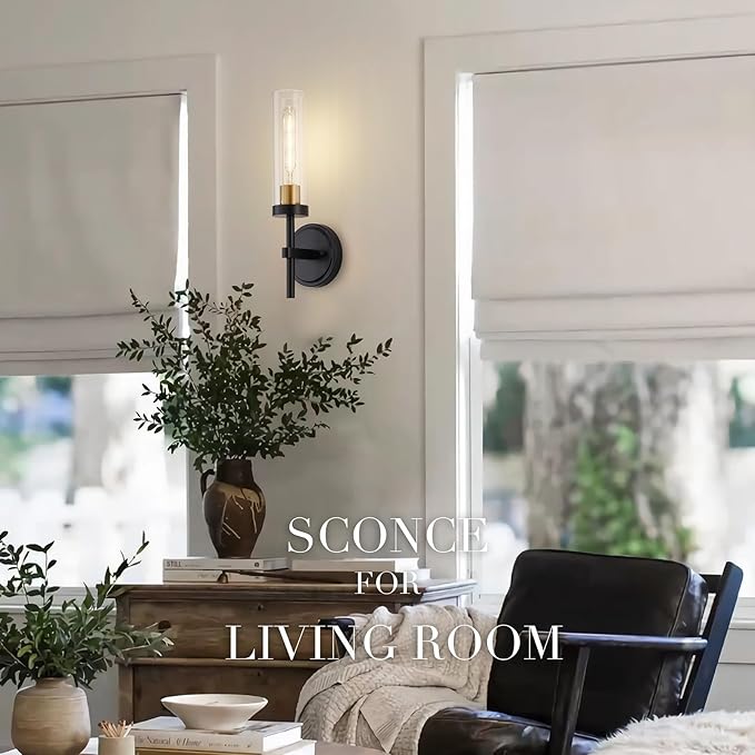 Hardwired Wall Sconces Set of Two, Black and Gold Bathroom Vanity Sconces Wall Lighting with Clear Glass Shade, Modern Farmhouse Wall Mount Lights for Mirror Bedroom Living Room Hallway Kitchen