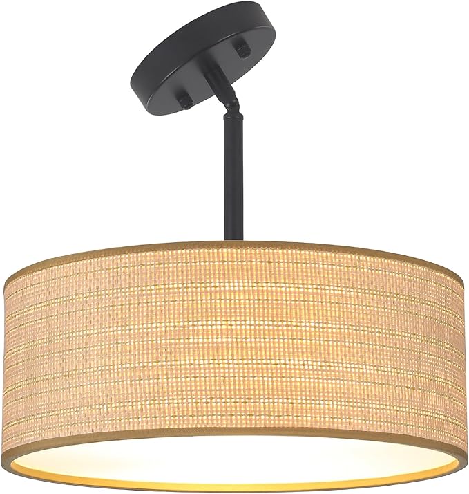Rattan Sloped Ceiling Light Fixture, 13" Woven Boho Semi Flush Mount Lights with Drum Fabric Shade, Lighting for Bedroom, Dining Room, Living Room, Hallway, Entryway