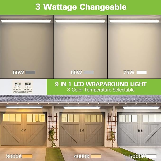 hykolity 4FT LED Flush Mount Wraparound Light Fixture with 3 Wattages/3 Lumens/3 CCT Selectable, 55W/65W/75W, 5500lm/6500lm/7500lm, 3000K/4000K/5000K, for Garage, Office, Kitchens, ETL - 1 Pack