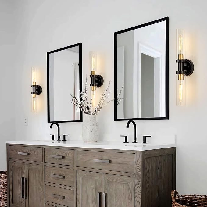 SANTOSTOCK Hardwired Wall Sconces Set of 2, Bathroom Sconces Vanity Light Fixture with Clear Glass, Black and Gold Farmhouse Wall Lights for Bathroom Mirror Living Room Hallway Kitchen