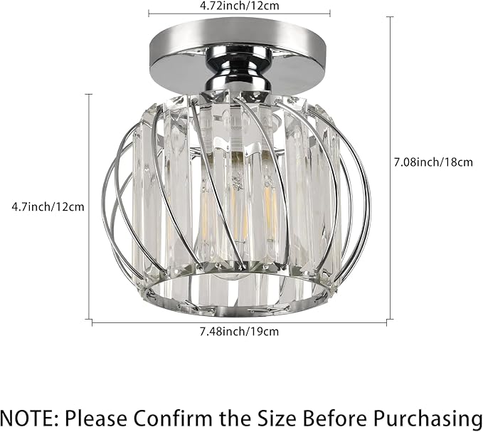 Crystal Semi Flush Mount Ceiling Light, Silver Crystal Chandelier for Kitchen, Hallway, Dining Rooms, Living Rooms, Bar, Farmhouse, 7.4 x 7.4 x 4.7 inches