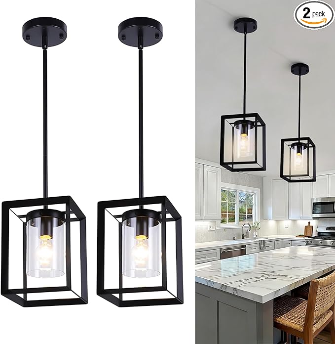 COTULIN 2 Pack Black Pendant Lights for Kitchen Island, Farmhouse 1-Light Iron Cage Metal Hanging Light with Clear Glass Shade, Industrial Lighting Fixtures for Living Room Bedroom Hallway Foyer