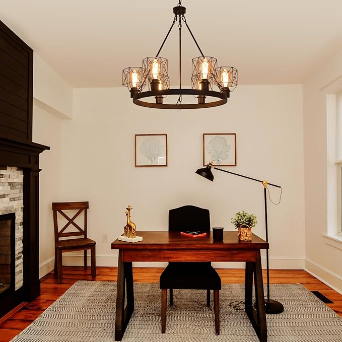 Wagon Wheel Chandelier Modern Farmhouse Pendant Light,Black Farmhouse Chandelier, 6-Light Wagon Wheel Chandelier with Adjustable Height, Dining Room Light Fixture, Hanging Lights