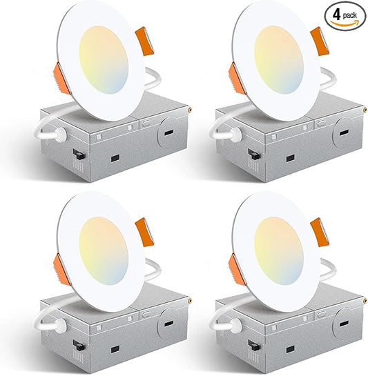 Amico 4 Pack 3 Inch 5CCT Ultra-Thin LED Recessed Ceiling Light with Junction Box, 2700K/3000K/3500K/4000K/5000K Selectable, 7W Eqv 60W 500LM Brightness Dimmable Canless Wafer Downlight, ETL