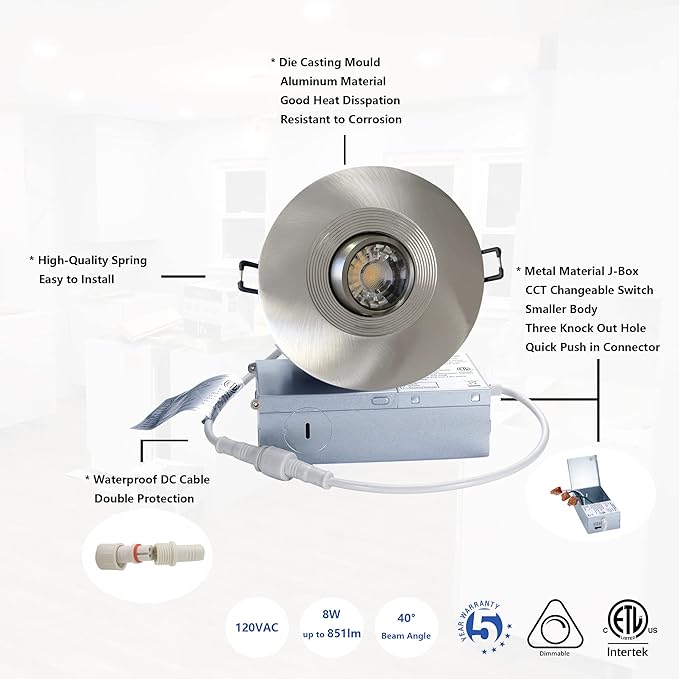 POPANU Premium Canless Recessed Gimbal Downlight Rotatable-Spotlight 5 CCT Eyeball Ceilling Potlight, Dimmable Lights Fixture with Junction Box, 8W CCT Adjustable (Brushed Nickel, 4 Inch)