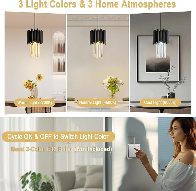 1-Light Modern Semi Flush Mount Ceiling Pendant Light Fixture, Round Pendant Lights Kitchen Island, Black Crystal Chandelier for Living Room Bedroom Hallway Entryway