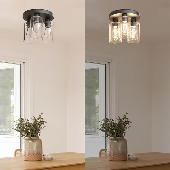 Debo Modern Farmhouse 3-Light Flush Mount Ceiling Light Fixture with Clear Glass Shade in Dark Bronze Finish for Hallway, Entryway, Passway, Bedroom, Garage, Kitchen, Balcony Living Room