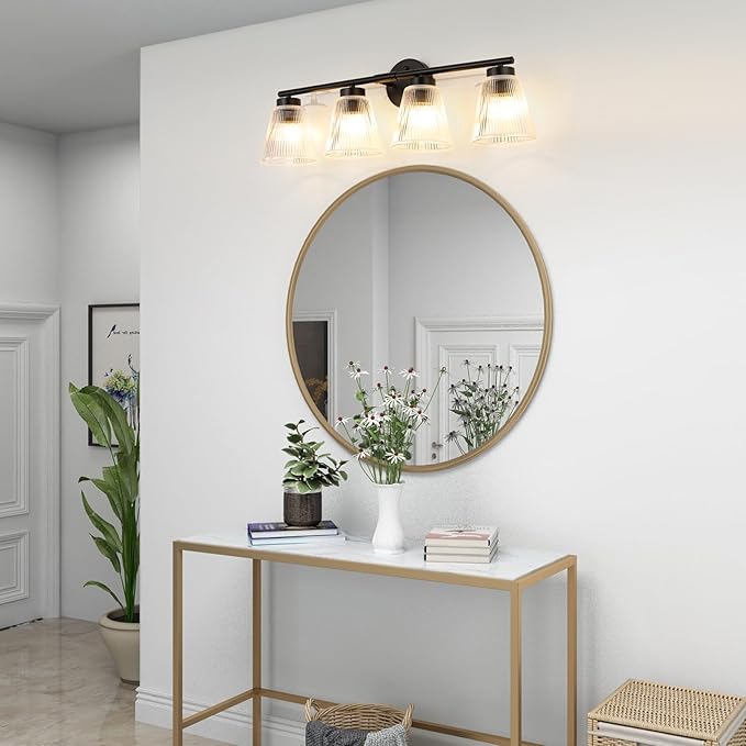 OCIOC Bathroom Vanity Light, 4-Light Modern Matte Black Wall Sconce with Glass Shade, Black Wall Light fixture, Bath Vintage Wall Mounted Lamps for Mirror Bedroom,Living Room