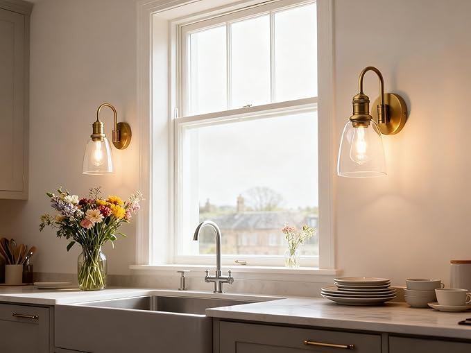 Yosoan 1-Light Brass Modern Vintage Indoor Wall Sconce, Vanity Single Luxury Hardwired Retro Textured Clear Oval Cone Glass Shade with Industrial Curved Rod Bathroom Lamp(Antique)