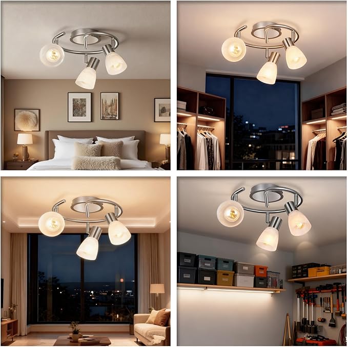 HiBay 3-Light Ceiling Light Fixture, Modern Sliver Adjustable LED Track Lighting Round Spot Lights, Directional Spotlight with Glass Shade for Kitchen Bedroom, Incl 3× 4W E12 Bulbs