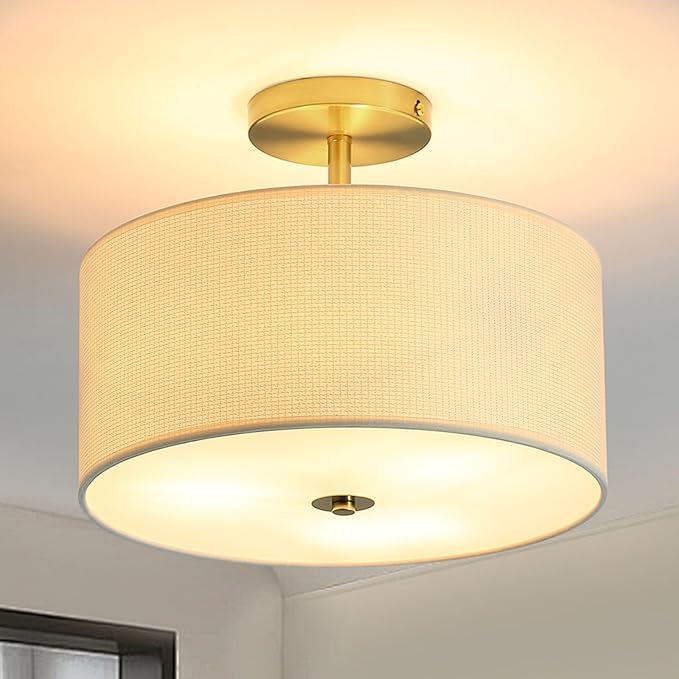 Fabric Semi Flush Mount Lighting Fixture, Modern Semi Chandeliers, Drum Farmhouse Ceiling Light, White Fabric Shade 3-Light for Kitchen Island Bedroom Hallway Foyer, E26, W12xH14