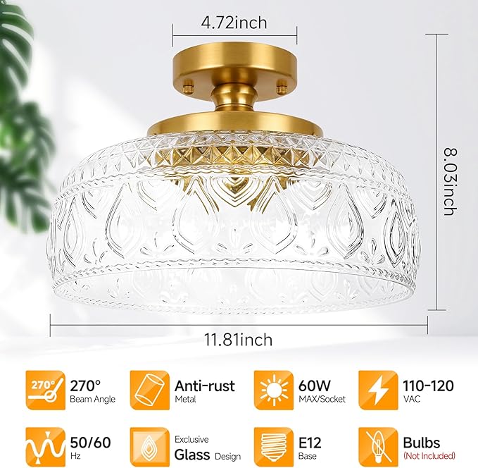 SunRider Semi Flush Mount Ceiling Light, Modern 3-Light Globe Glass Ceiling Light Fixture, Gold Indoor Pendant Lamp for Hallway Porch Kitchen Bedroom