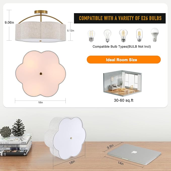 18" Semi Flush Mount Ceiling Light Modern 3-Lights Gold Drum Ceiling Light Fixture with Fabric Linen Shade, Vintage Ceiling Lighting for Living Room, Kitchen, Basement, Laundry Room, Bedroom