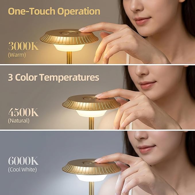 Goodoo Rechargeable Cordless Table Lamps, Portable 1800mAh Battery Table Light, 3 Color Stepless Dimming LED Table Light, for Outdoor/Dinner/Patio/Restaurant.(Gold)