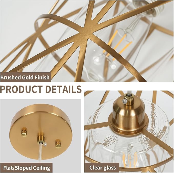 Brushed Gold Pendant Light, 7"×10" Dual-Shade Kitchen Island Lighting with Clear Glass Shade, E26 Adjustable Height 1"-61", UL Listed, for Dining Room Foyer Entryway — Bulbs Not Included