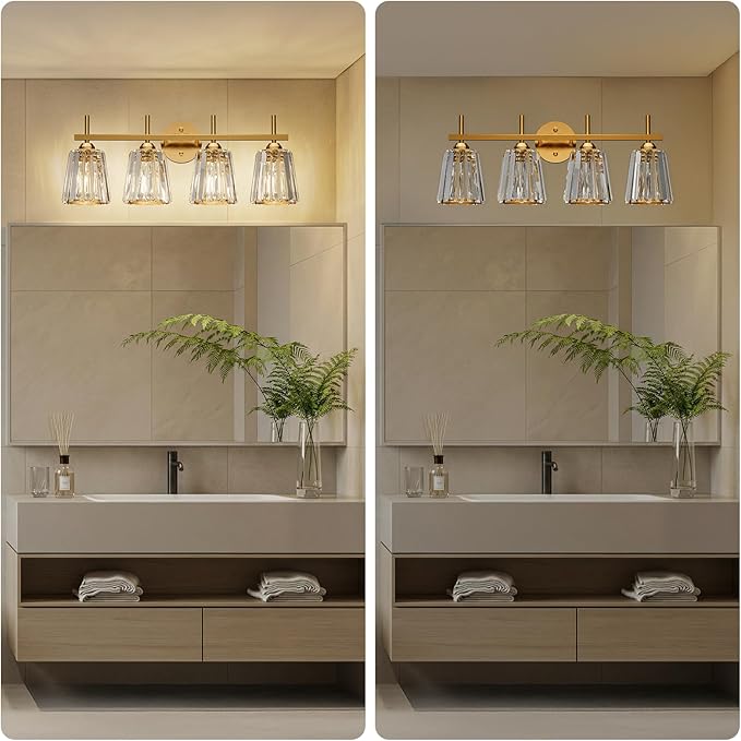 Crystal Bathroom Light Fixtures Over Mirror, Gold 4-Light Bathroom Vanity Lights Over Mirror Modern Wall Lighting Sconces with Ceramic E26 Base (Bulbs Not Include)