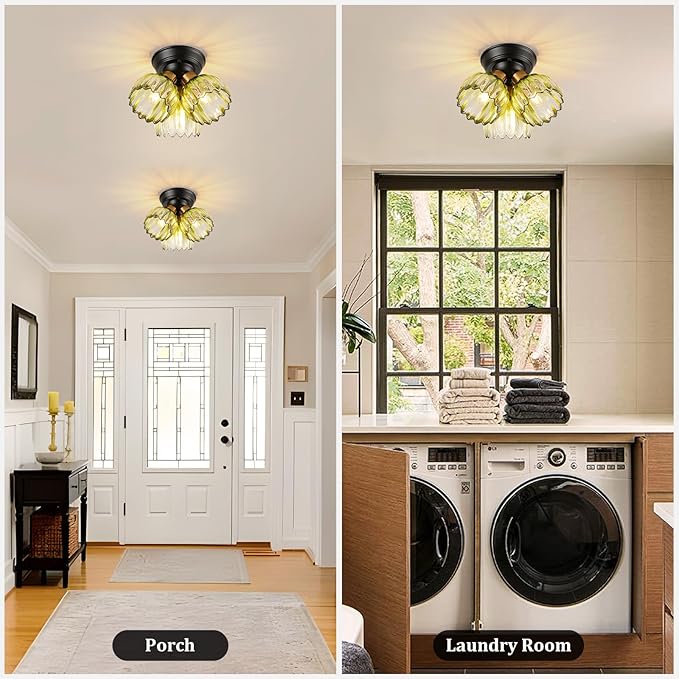 TALOYA Semi Flush Mount Ceiling Light,3-Light Close to Ceiling Light Fixtures with Green Tulip Glass Shades Modern Farmhouse Lighting Fixtures for Hallway Corridor Kitchen Bathroom Bedroom Passway