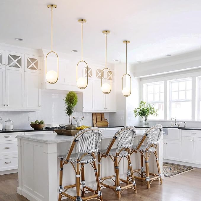 BYOLIIMA Modern Gold Globe Pendant Light Mid Century Chandelier 1-Light Brushed Brass Ceiling Hanging Lighting Fixture with White Globe Glass Shade for Kitchen Island Dining Room Bedroom