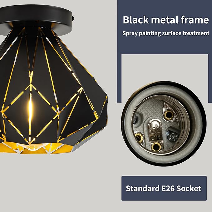 Modern Geometric Ceiling Light, Black Metal Diamond Cage Design, Semi-Flush Mount, Industrial Style, E26, Matte Black with Gold Inside