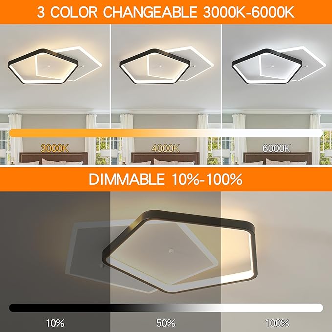 Modern LED Ceiling Light Fixture Dimmable Black Flush Mount Ceiling Light 20.08" Bedroom Ceiling Lamp with Remote Control Pentagonal Ceiling Light for Kitchen,Entryway,Balcony,Wardrobe
