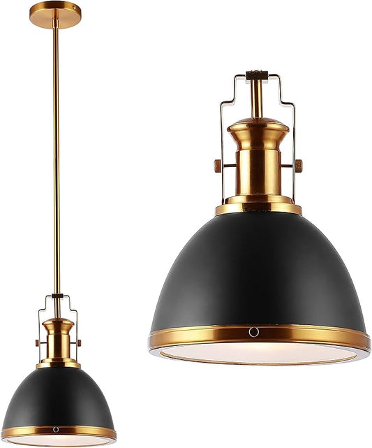 JONATHAN Y 10" Black/Brass Gold Modern Industrial Iron LED Dome Pendant Light, Adjustable Hanging Fixture for Kitchen Island or Entryway, Black Metal Shade, LED Bulb Included JYL9535A