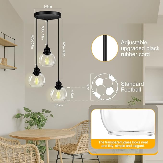 3-Light Pendant Light, Hanging Ceiling Lamp with Clear Glass Shade, Matte Black Pendant Lighting Adjustable Height Industrial Retro Style Hanging Light, for Kitchen Island Bedroom(E26 Base,No Bulb)